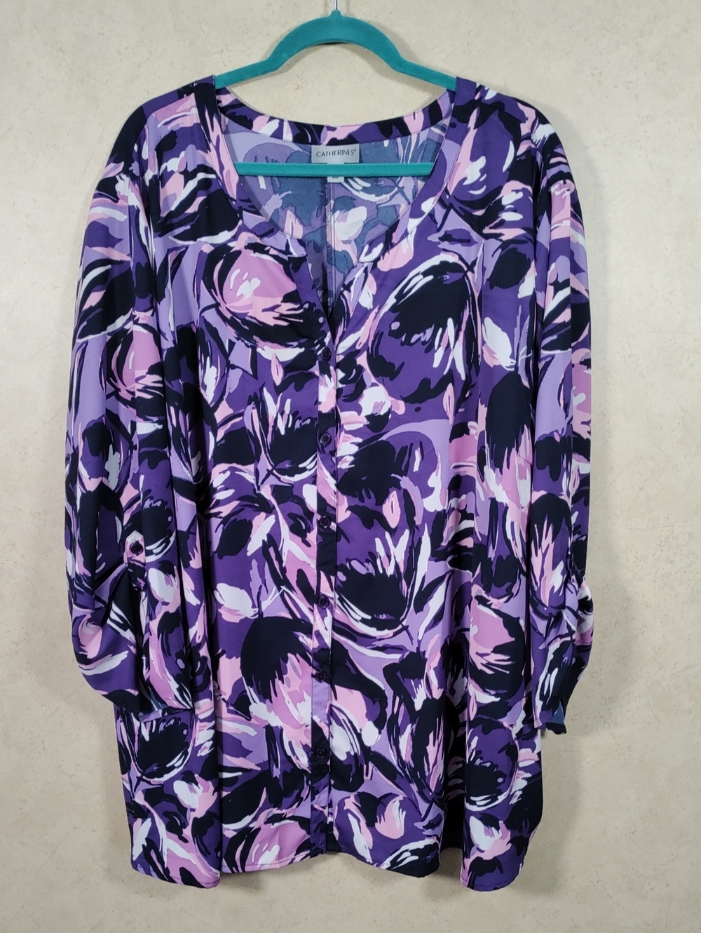 H138 Catherines Purple Abstract Print Button Blouse 4X